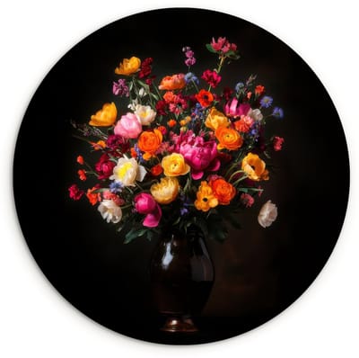 WallCircle® Wandcirkel 120x120 cm - Muurcirkel Kleurrijk - Boeket - Vaas - Donkerbruin - Muurdecoratie woonkamer - Wanddecoratie slaapkamer - Kamer decoratie accessoires - Ronde schilderijen XXL