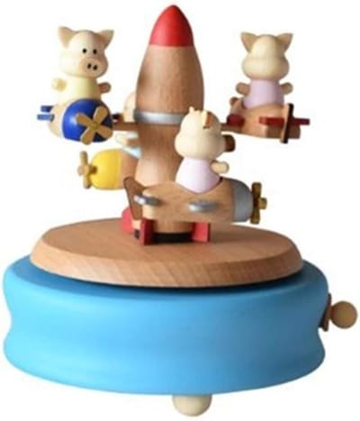 Houten Muziekdoos - Handkurbel Decoratie - Klassieke Melodie - Vliegend Varken Scène - 11 x 11 x 16 cm