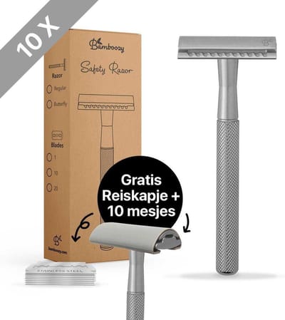 Bamboozy Safety Razor + 10 scheermesjes en Reiskapje Mat Zilver Chrome Unisex Mannen en Vrouwen Double Edge Single Blade Zero Waste Scheren