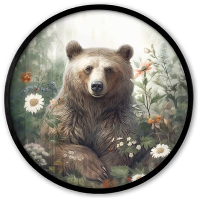 Poster in lijst Rond - Fotolijst 40x40 cm - Posters - Bruine beer - Wilde dieren - Bloemen - Planten - Ronde posterlijst zwart - Decoratie - Wanddecoratie woonkamer - Muurdecoratie slaapkamer