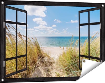 Gards Tuinposter Doorkijk Strand en Zee vanuit Duinen - 90x60 cm - Tuindoek - Tuindecoratie - Wanddecoratie buiten - Tuinschilderij