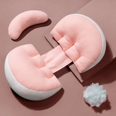 Mogi Products-Ergonomisch Zwangerschapskussen - Verstelbaar Zijslaapkussen - Ondersteuning voor Buik en Rug - Hoogwaardige Vulling - Roze/Wit - Compact Design