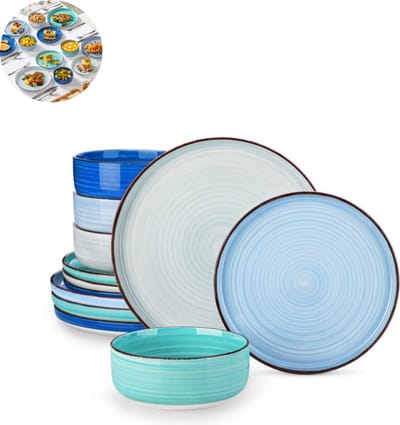 Luxe Serviesset – 12 delig – 4 persoons – Porselein - Bordenset – Dinner platen – Dessertborden - Kommen - Mix-Blauw