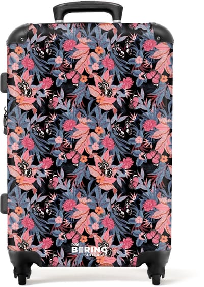 NoBoringSuitcases.com - Grote koffer - Tropisch vlinder patroon roze blauw - Kinderkoffer geschikt voor jongen en meisjes - Reiskoffer met 4 wielen - Trolley op wieltjes - Rolkoffer groot kinderen - 72 liter - Ruimbagage valies 20kg