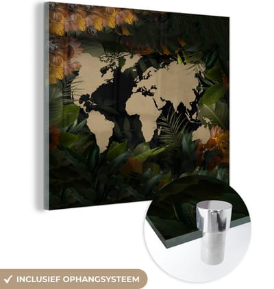 ® Glasschilderij 90x90 cm - Schilderij acrylglas - Wereldkaart - Simpel - Bloemen - Foto op glas - Muurdecoratie woonkamer - Wanddecoratie slaapkamer - Schilderijen