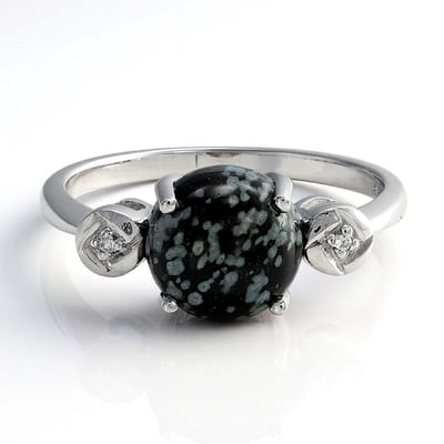 Cavill - Zilveren Ring met 1,66 ct Sneeuwvlok Obsidiaan en Witte Topaas - 925 Sterling Zilver - Moderne Ronde Cabochon Ring voor Dames Maat 17