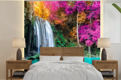 Behang - Fotobehang Waterval - Bomen - Roze - Bruin - Natuur - Breedte 350 cm x hoogte 350 cm