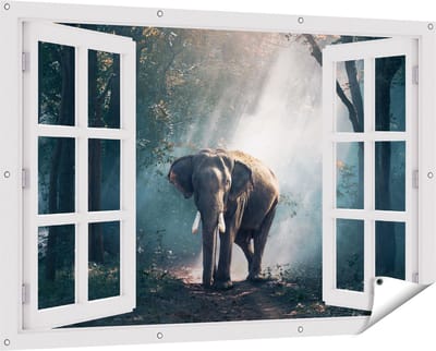 Gards Tuinposter Doorkijk Olifant in het Bos met Zonneschijn - 150x100 cm - Tuindoek - Tuindecoratie - Wanddecoratie buiten - Tuinschilderij
