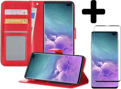 Hoesje - Met Screenprotector - Geschikt voor Samsung Galaxy S10 - Luxe Pasjeshouder - Bookcase Portemonee - Flip Case - Kunstleer Book Case - Flipcase - Book Cover - Walletcase - Portemonneehoes - Telefoonhoesjes - Rood