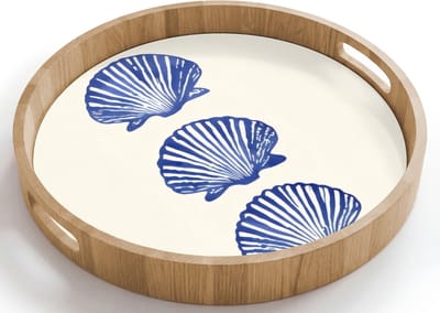 Dienblad rond 40x40 cm - Schootdienblad hout - Schelpen - Blauw - Patroon - Borrelplank rechthoek - Plateau houten dienbladen