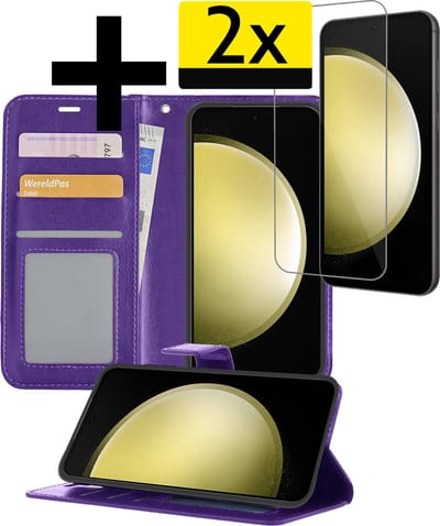 Hoesje - Met 2x Screenprotector - Geschikt voor Samsung Galaxy S23 FE - Luxe Pasjeshouder - Bookcase Portemonee - Flip Case - Kunstleer Book Case - Flipcase Hoes - Book Cover - Walletcase - Portemonneehoes - Telefoonhoesjes - Paars