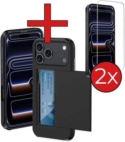 Hoesje Geschikt voor iPhone 17 Pro / 18 Pro Hoesje Met Pasjeshouder Hard Case Met Kaarthouder Met 2x Screenprotector - Hoes Geschikt voor iPhone 17 Pro / 18 Pro Hoesje Pashouder Case - Zwart