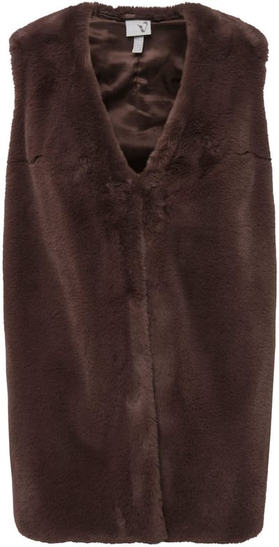 Ulla Popken - Dames - Geweven bont bodywarmer V-hals haaksluiting mouwloos - Donkerbruin - Maat 46+