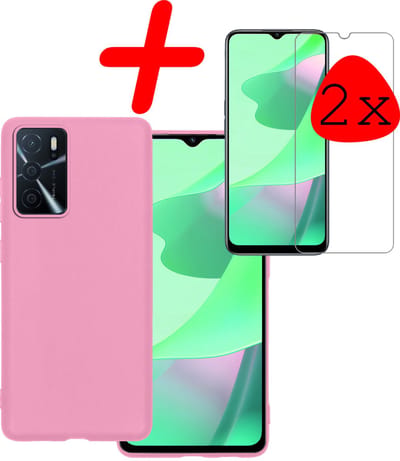 Hoesje Met 2x Screenprotector - Geschikt voor OPPO A16s - Sterk & Shockproof - Back Cover - Siliconen Case - Telefoon Hoes - Lichtroze