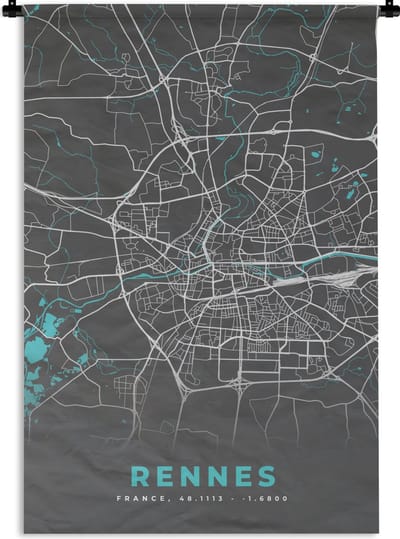 Wandkleed - Wanddoek - Stadskaart - Kaart - Plattegrond - Frankrijk - Rennes - 120x180 cm - Wandtapijt