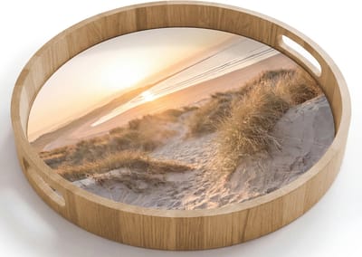 Dienblad rond 40x40 cm - Schootdienblad hout - Duinen - Strand - Zee - Borrelplank rechthoek - Plateau houten dienbladen