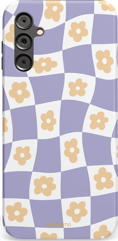 Casetastic hoesje geschikt voor Samsung Galaxy A14 (2023) 5G / Samsung Galaxy A14 (2023) 4G - Dubbellaagse bescherming - Kronkelende madeliefjes - Fashion Case - Lila Wit Zand Lichtgrijs