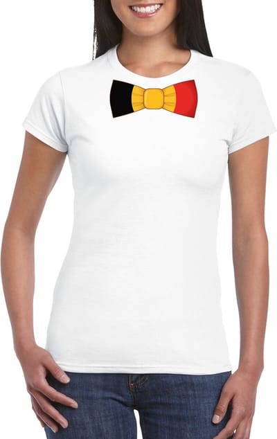 Wit t-shirt met Belgie vlag strikje dames - Belgie supporter S