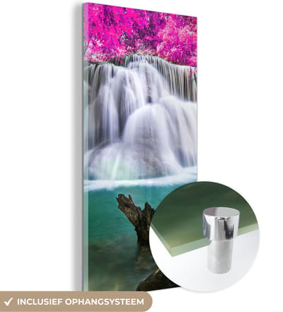 MuchoWow® Glasschilderij 20x40 cm - Schilderij acrylglas - Waterval - Roze - Bomen - Foto op glas - Schilderijen