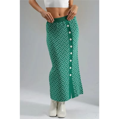 Hoge Taille Geometrische Gebreide Maxi Rok met Knopsluiting