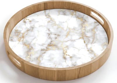 Dienblad rond 40x40 cm - Schootdienblad hout - Gouden aders - Marmer - Wit - Borrelplank rechthoek - Plateau houten dienbladen