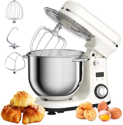 Lunekiss Keukenmixer 6L met RVS mengkom, LED-timer en 1200W stille DC-motor - 6 snelheden, standmixer met accessoires set - Zilver