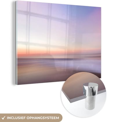 MuchoWow® Glasschilderij 160x120 cm - Schilderij acrylglas - Strand - Kleuren - Pastel - Foto op glas - Muurdecoratie woonkamer - Wanddecoratie slaapkamer - Schilderijen