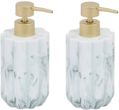 5five Zeeppompje / zeepdispenser Marble Pilar - 2x - wit/goud - 230 ml - Luxe stijl - badkamer - keuken - toilet - polyresin kunststeen