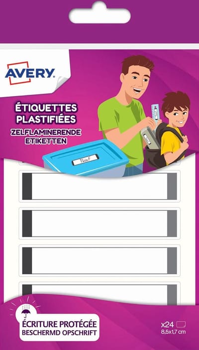 Avery Family gelamineerde etiketten, ft 8,5 x 1,7 cm, grijs, ophangbare etui met 24 etiketten