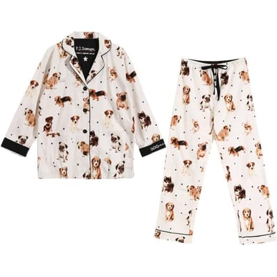 Dames katoenen pyjamaset voor de herfst en winter, dikke dames nachtkleding 2-delig met broek, dierenprint, enkelvoudige rij knopen, huispak voor dames S white