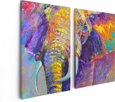 Artaza Canvas Schilderij Tweeluik Olifant Van Olieverf - Kleur - Abstract - 80x60 cm - Wanddecoratie Woonkamer - Schilderijen - Muurdecoratie