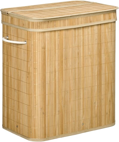Waskorf - 54,2 x 35,2 x 59,5 cm - 2 Vakken met Verwijderbare Waszak - 90L - Bambus - Wit