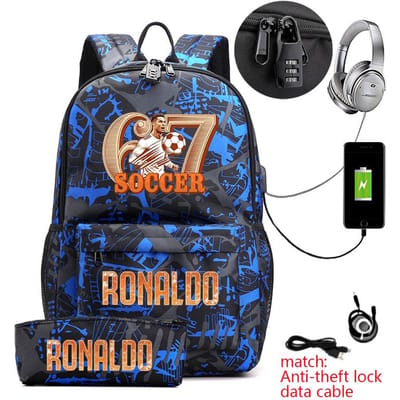 Cr7 Ronaldo 67 Print Anti-diefstal Student Rugzak met Etui voor Tieners Kinderen School Dagrugzak