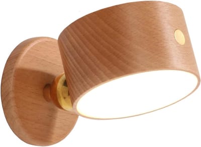 Draadloze Oplaadbare LED Wandlamp Hout - Traploos Dimbaar & 360° Draaibaar Nachtlampje