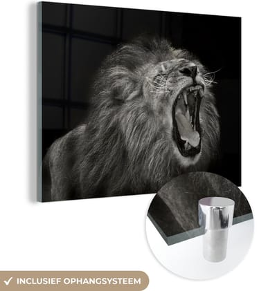 MuchoWow® Glasschilderij 40x30 cm - Schilderij acrylglas - Leeuw - Wild - Jagen - Foto op glas - Schilderijen
