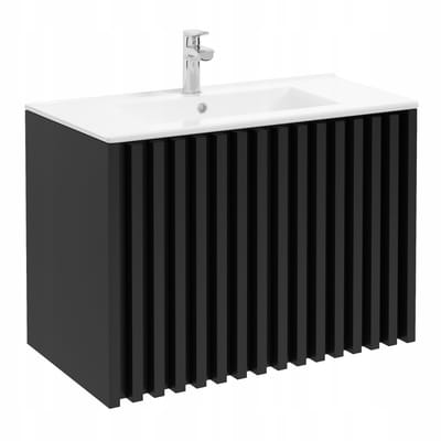STAMAR - Badkamerkast 80 cm met keramische wastafel - Zwart mat lamellenfront - Hangende wastafelonderkast - MDF - Soft-close