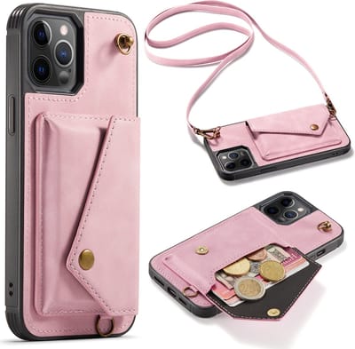 Casemania Hoesje Geschikt voor Apple iPhone 12 Pro Max - Pale Pink - Luxe Backcover met Koord en Magnetische Sluiting - Portemonnee Wallet Case met Pasjeshouder en Opbergvak - Lanyard Telefoonhoes - Cord Case