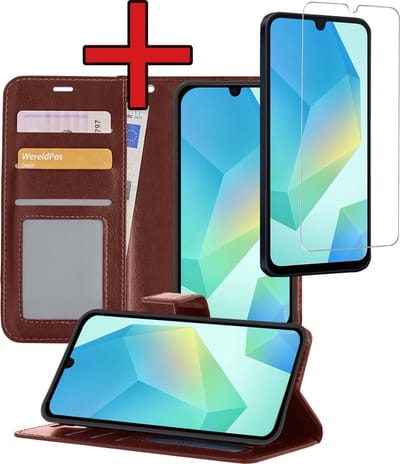 Hoesje - Met Screenprotector - Geschikt voor Samsung Galaxy A16 - Luxe Pasjeshouder - Flipcase - Bookcase Portemonee - Flip Case - Kunstleer Book Case - Book Cover - Walletcase - Portemonneehoes - Telefoonhoes - Bruin