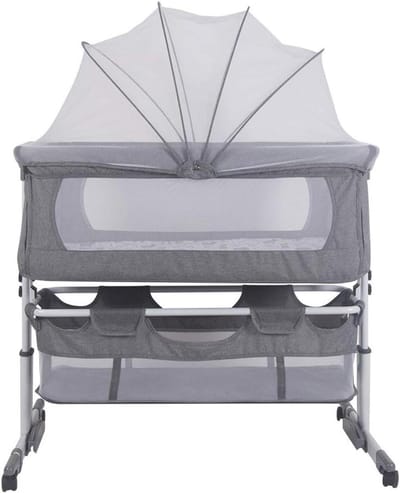 bijzetbed baby schommelfunctie, 5-traps hoogteverstelling schuine, matras afneembare, zijwand, wielen, zijtas, transporttas, voor positionering onder de hoek, oprolbaar