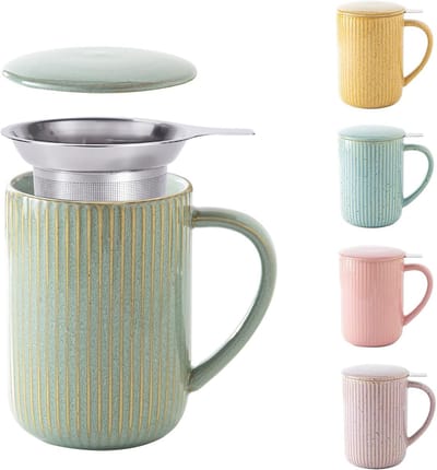 Flambe Groene Keramische Theekop met Infuser en Deksel voor Losse Thee - 470ml, Perfect voor Theeliefhebbers