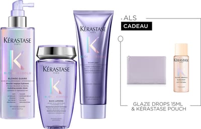 Kérastase Blond Absolu Trio + 2 Cadeaus - Verhelderende hydraterende verzorging voor alle types blond haar – Bain Lumière 250ml, Cicaflash 250ml, Blond Guard 190ml + Glaze Drops 15ml Cadeau & Kérastase Pouch Cadeau