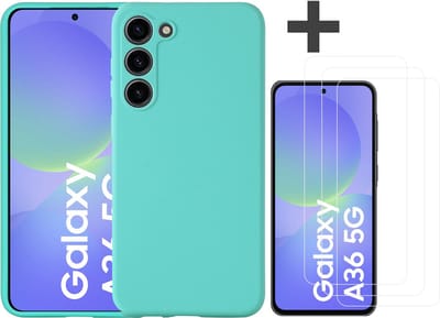 Hoesje geschikt voor Samsung Galaxy A36 hoesje zacht siliconen met 3 Stuks gehard glas Screenprotectors- Arara backcover - Mint Groen