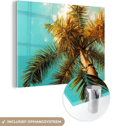 MuchoWow® Glasschilderij 40x30 cm - Schilderij acrylglas - Palm - Zomer - Tropisch - Foto op glas - Schilderijen