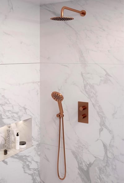 Brauer Copper Edition thermostatische inbouw regendouche 3-weg omstelling SET 33 met 20 cm douchekop en gebogen muurarm en 3-standen handdouche en doucheslang en wandaansluitbocht koper geborsteld PVD