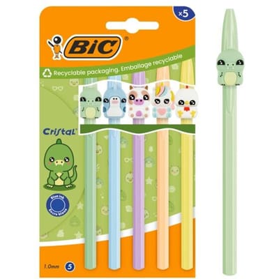 BIC Cristal Pastel Vibbies Balpennen – Blauw Medium (1.0 mm) – Schattige Kawaii Dieren (Koe, Eenhoorn, Hagedis, Dolfijn, Kip) – Set van 5