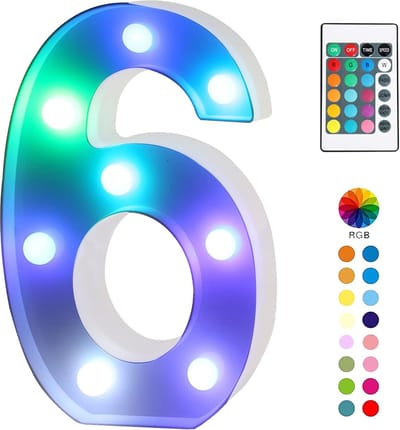 Lichtgevend Cijfer 6 - 22 cm - RGB Met Afstandsbediening