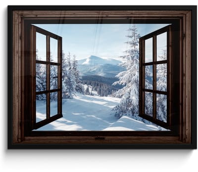 Poster in lijst - Fotolijst 70x50 cm - Posters - Winter - Landschap - Natuur - Berg - Bomen - Doorkijk - Uitzicht - Posterlijst zwart - Decoratie - Wanddecoratie woonkamer - Muurdecoratie slaapkamer