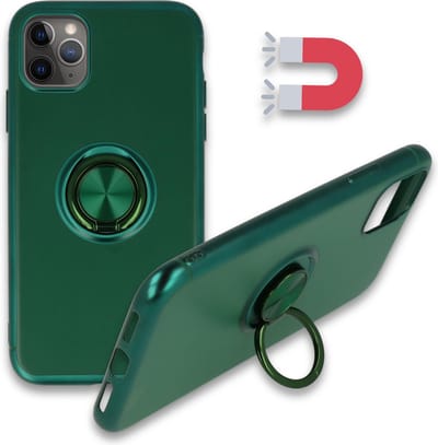 HB Hoesje Geschikt voor Apple iPhone 11 Pro - Groen - Siliconen Back Cover met Ring Kickstand - Geschikt voor Magneet Houders