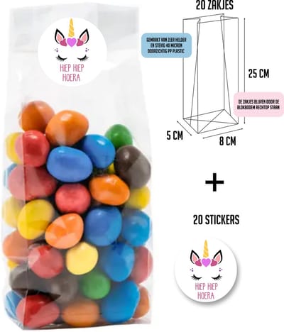 20 Uitdeelzakjes + 20 sluitstickers | Unicorn | Hiep Hiep Hoera | 20 Stickers & 20 zakjes | Cellofaanzakjes | Transparant | Snoepzakjes | Uitdelen | Afscheid | Inpakzakjes | Kinderfeestje | 4 cm glossy stickers | 8x5x25cm zakjes