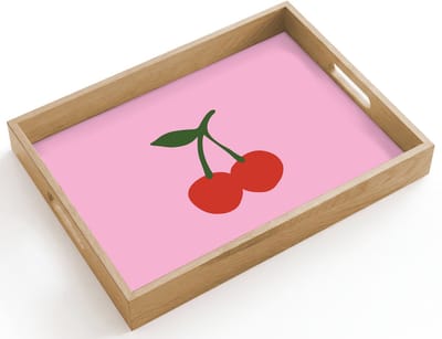 Dienblad hout 40x30 cm - Schootdienblad - Kersen - Roze - Illustratie - Borrelplank rechthoek - Plateau dienbladen